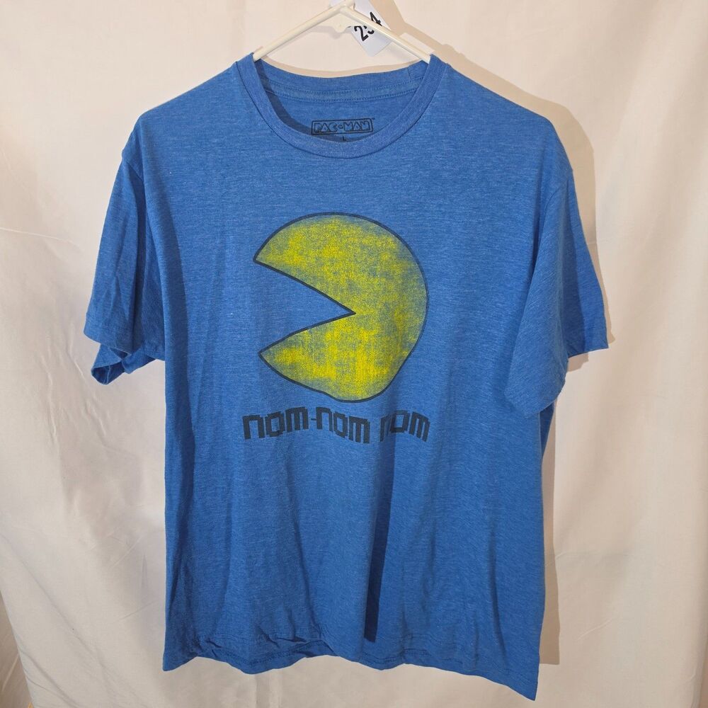 #0254 Pac-Man Mens Large Blue Heather Nom Nom Nom Arcade Graphic T-Shirt L